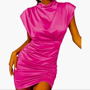 Women's Satin Silk Shoulder Pad Ruched Bodycon Sleeveless Mini Tank Dress